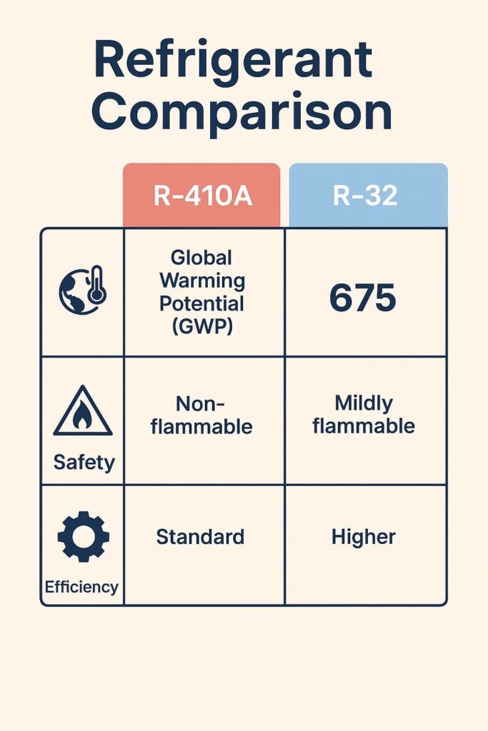nfographic comparing R-410A and R-32 refrigerants across three categories